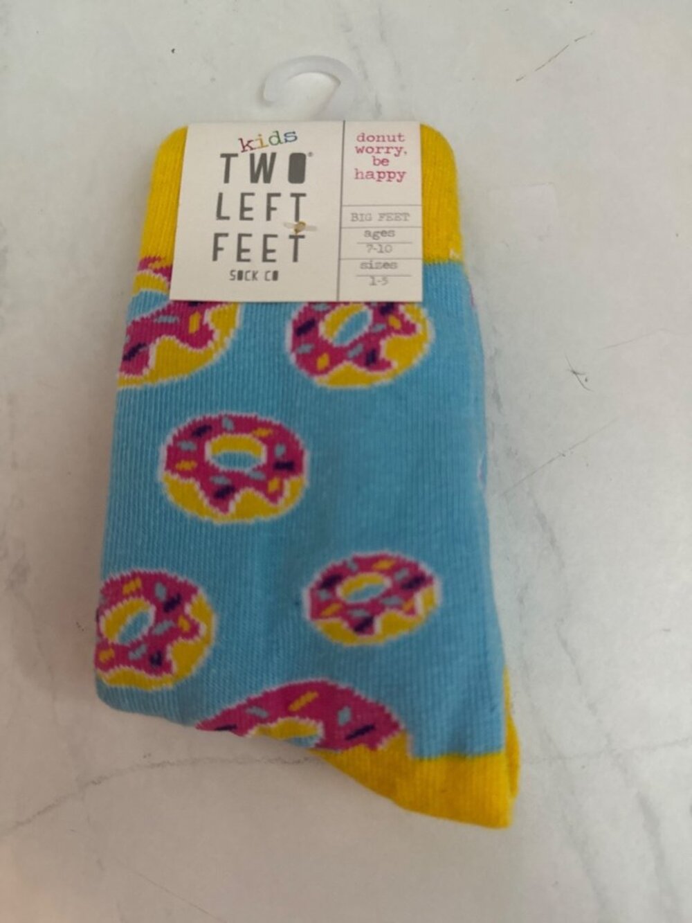 Kids Two Left Feet Donut Print Socks Big Feet Ages 7–10 Sizes 1–5 Blue & Yellow